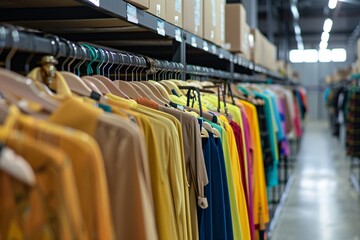 Clothes and hangers neatly arranged in a shop, showcasing a variety of fashion items and outfits on display