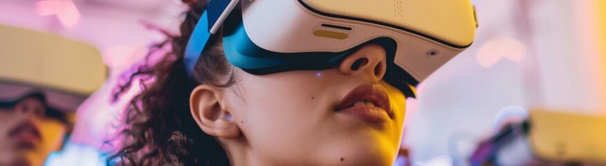 Aufkleber - Young Hispanic Woman Engaged in Virtual Reality Experience Indoors During Evening