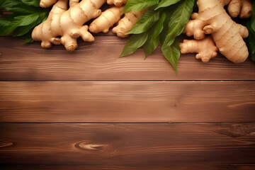 Professional Vegetable Photography: Top View of Pile of Ginger Root with Green Leaves on Wooden Background with Copy Space. High Quality, Resolutions Ginger with Leafs for Web Banner Design