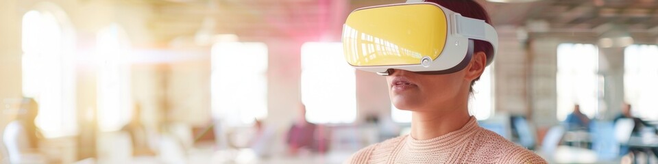 Poster - Diverse Young Adult Developers Using VR Headsets and Tablets for Project Discussion in a Vibrant Tech Workspace During Daytime
