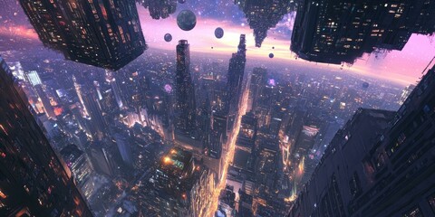 Wall Mural - Futuristic city with glowing lights and planets.