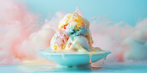 Wall Mural - Melting ice cream in bowl with blue background.