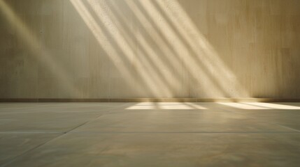 Poster - Modern Minimalist Interior with Soft Beige Floor and Natural Light Beams, Empty Room Highlighting Serenity and Calmness
