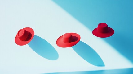 Poster - Contemporary Product Display of Levitating Red Hats against Light Blue Background with Playful Shadows and Minimalist Design