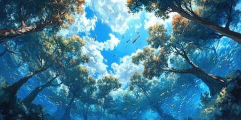 Wall Mural - Underwater forest with a school of fish.