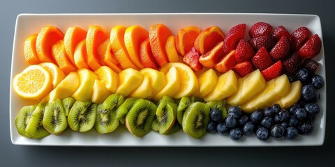 Wall Mural - Colorful fruit salad on a white plate.