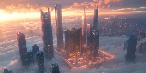 Wall Mural - Cityscape of skyscrapers above the clouds at sunset.