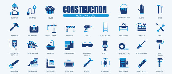 Construction and home repair tools icon set with editable stroke and white background. Thin line style stock vector.