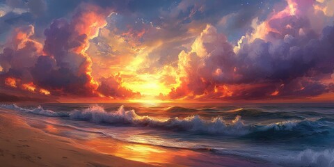 Wall Mural - Ocean waves crash on beach at sunset.