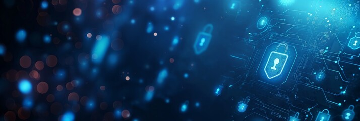 Poster - Futuristic digital tech background with security lock icons symbolizing cybersecurity in advanced tech setting, great for tech themes. Includes data protection, network security, encryption concepts