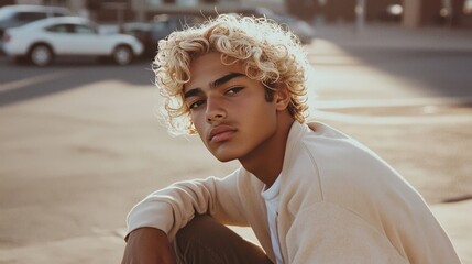 Teen Latino Man with Blond Curly Hair creative poster.