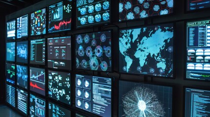 Poster - Wall of Screens Displaying Data Visualizations and Information