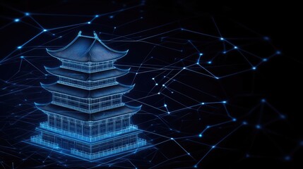 A holographic projection features striking blue digital lines forming pavilions and towers, creating a blend of traditional and futuristic Chinese architecture in a darkened space