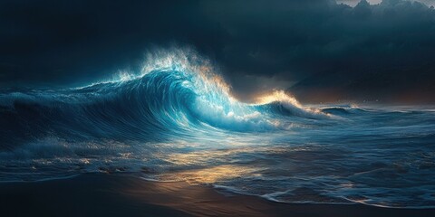 Sticker - A large wave crashing on a sandy beach.