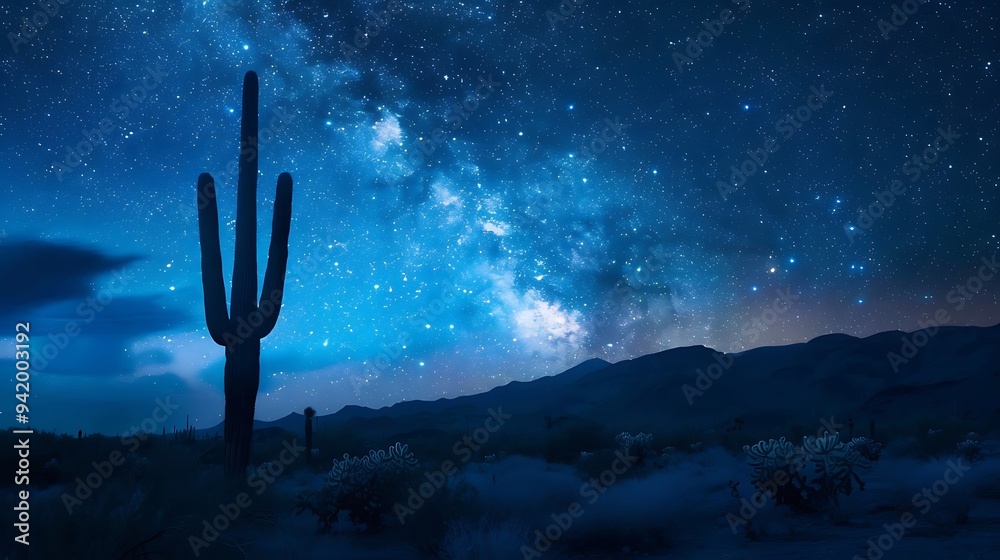 A night sky full of stars over a quiet desert landscape, with a lone ...
