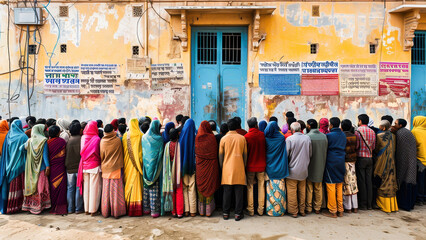 A group of people in colorful traditional clothing stand in a queue outside a building in India, capturing a vibrant street scene.