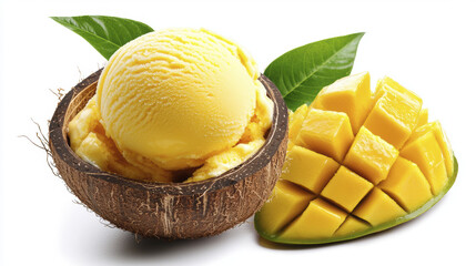 Creamy mango ice cream served in coconut shell, accompanied by fresh mango cubes and green leaves, evokes tropical delight.