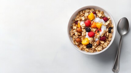 A bowl of cereal with yoghurt and berries