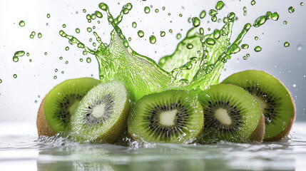 Fresh kiwi slices splash in water, creating vibrant and refreshing scene. bright green color and dynamic movement evoke sense of vitality and energy.