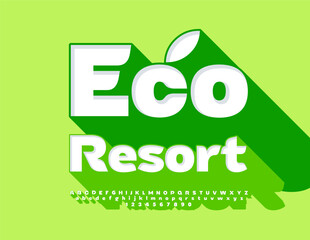 Wall Mural - Vector healthy flyer Eco Resort. Stylish Font with Big Green Shadow. Trendy Alphabet Letters and Numbers set.