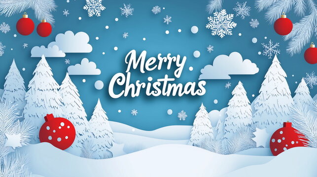 Winter christmas composition in paper cut style. Merry Christmas text Calligraphic Lettering Vector illustration. For Christmas and new year greeting card, banner, poster, social media.