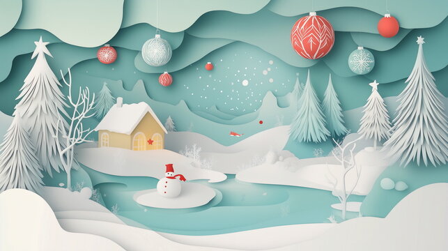 Winter christmas composition in paper cut style. Merry Christmas text Calligraphic Lettering Vector illustration. For Christmas and new year greeting card, banner, poster, social media.
