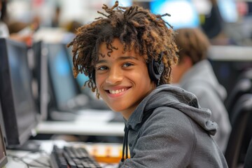 Canvas Print - A young man smiles while working on a computer. AI.