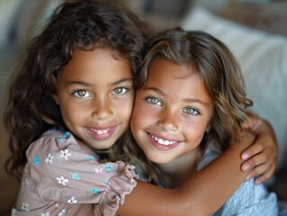 Canvas Print - Two young girls smiling and hugging. AI.