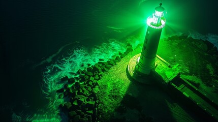 Poster - Neon Green Lighthouse - Raw Style Modern Coastal Landmark in 16:9 Ratio