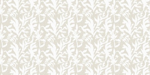 Wall Mural - Seamless french gender neutral floral linen printed fabric border background. Light mottled white on grey cottage core block print pattern. Shabby chic woven duotone cloth effect. 