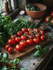 Poster - A cutting board with tomatoes and basil on it sitting next to a bowl of greens. AI.