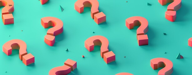 Poster - minimalist 3d isometric composition of orange question marks on a teal background with simple design