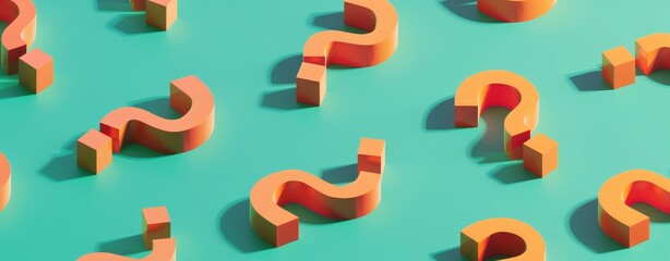 Poster - minimalist 3d isometric composition of orange question marks on a teal background with simple design
