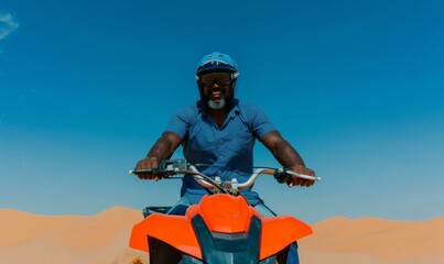 Canvas Print - A man smiles while driving a quad bike through the desert. AI.