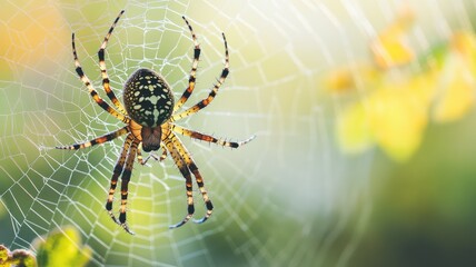  A spider guards its web, highlighted against a soft, blurred background, showcasing its intricate design and natural habitat.