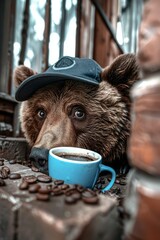 Sticker - A bear with a hat enjoys a cup of coffee. AI.