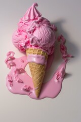 Poster - A cone of ice cream with pink and white swirls on a table. AI.