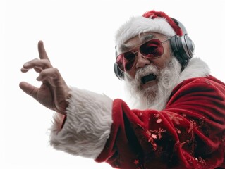 Sticker - A man dressed as santa claus wearing headphones and a red hat. AI.