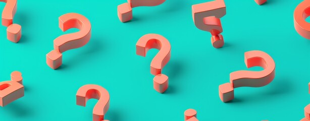 Poster - Minimalist 3D Isometric Illustration of Orange Question Marks on a Teal Background, Emphasizing Clean Lines and Modern Design for a Simple yet Striking Visual Representation