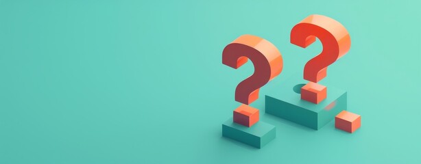 Poster - Minimalist 3D Isometric Illustration of Orange Question Marks on a Teal Background, Capturing the Elegance of Geometric Design in a Modern and Simplistic Visual Style