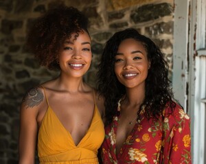 Two women standing next to each other smiling and laughing. AI.