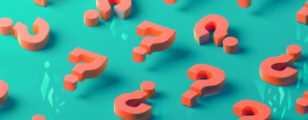 Poster - Minimalist 3D Isometric Illustration of Orange Question Marks on a Teal Background, Emphasizing Geometric Design and Simplicity in a Modern and Clean Visual Representation