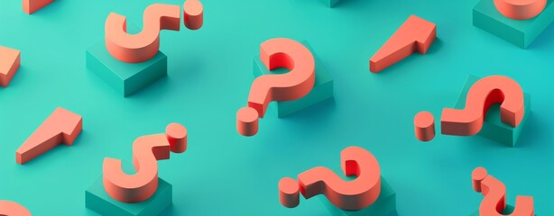 Poster - Minimalist 3D Isometric Illustration of Orange Question Marks on a Teal Background, Emphasizing Clean Lines and Modern Design for a Simple yet Striking Visual Representation