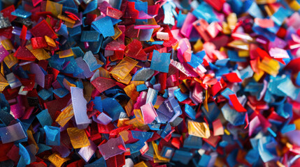 A pile of colorful plastic pieces with a mix of black and red