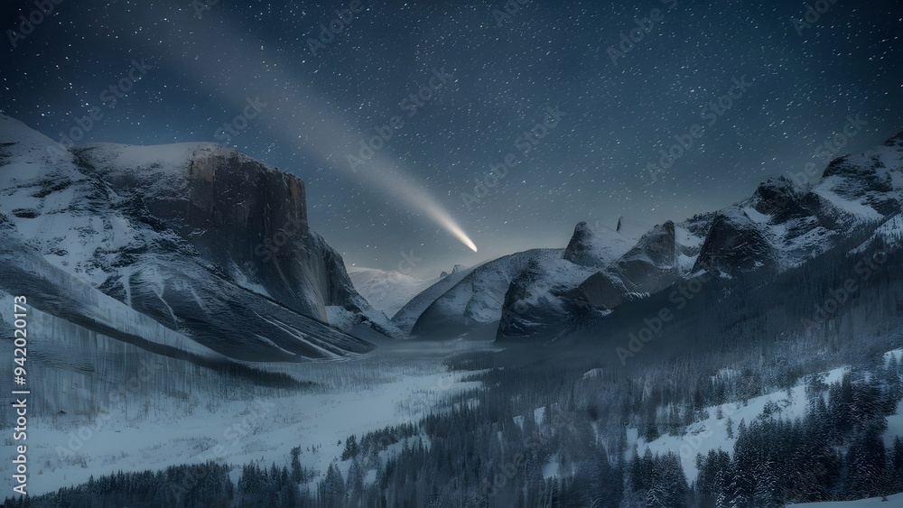 Celestial Snow, Mountain Peaks Beneath a Starry Sky, generative AI ...