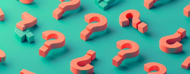 Poster - Minimalist 3D Isometric Illustration of Orange Question Marks on a Teal Background, Highlighting Modern Design and Geometric Precision in a Simple and Clean Visual