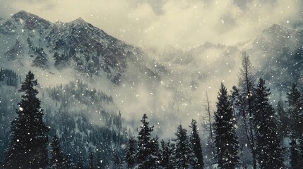 Majestic snowy mountains surrounded by mist and evergreen trees, creating a serene winter landscape in soft light.