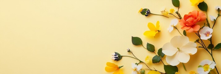 Wall Mural - A beautiful arrangement of yellow and white flowers on a yellow background. This image is perfect for a greeting card, invitation, or social media post. The flowers symbolize joy, happiness, and new b