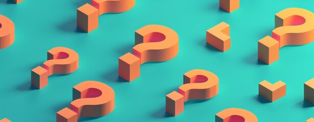 Poster - Minimalist 3D Isometric Illustration of Orange Question Marks on a Teal Background, Highlighting Modern Design and Geometric Precision in a Simple and Clean Visual