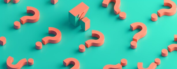 Poster - A visually striking 3D isometric design featuring orange question marks on a teal background, blending minimalism with vibrant colors to create a modern, thought-provoking image that draws the eye.